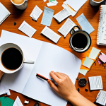 ** A blog post illustration depicting a person brainstorming amidst scattered papers and coffee cups, symbolizing creativity born from time pressure. The style should be vibrant and energetic. Keywords: deadline, creativity, blogging, pressure, inspiration.

**