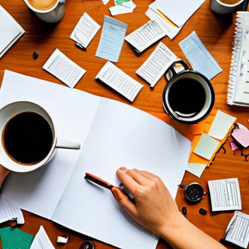 Home 15 ** A blog post illustration depicting a person brainstorming amidst scattered papers and coffee cups, symbolizing creativity born from time pressure. The style should be vibrant and energetic. Keywords: deadline, creativity, blogging, pressure, inspiration.
**