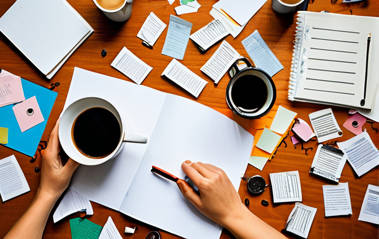 ** A blog post illustration depicting a person brainstorming amidst scattered papers and coffee cups, symbolizing creativity born from time pressure. The style should be vibrant and energetic. Keywords: deadline, creativity, blogging, pressure, inspiration.
**